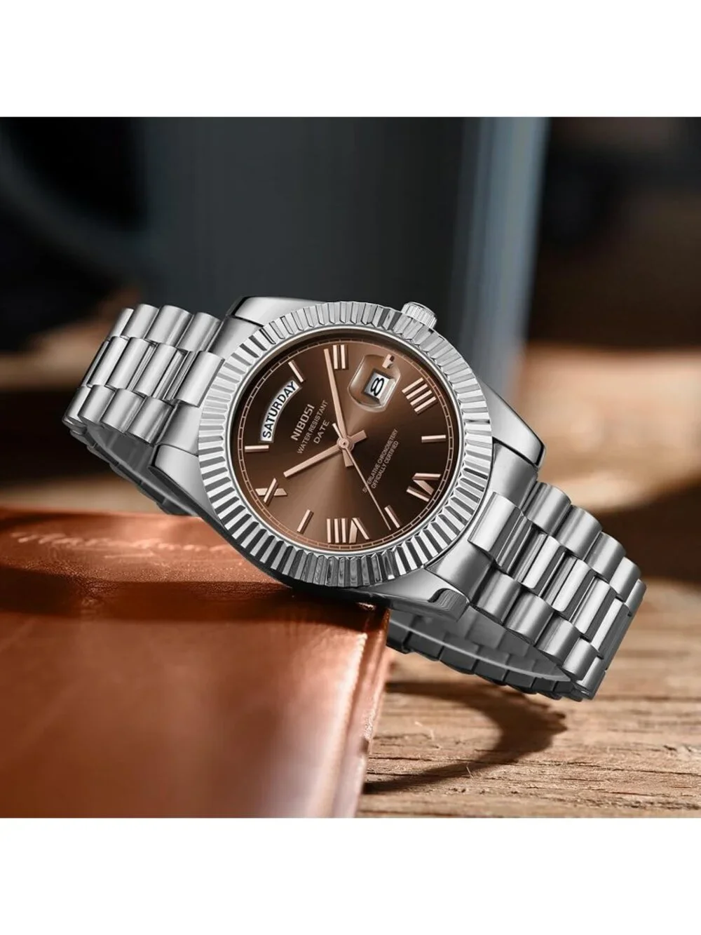 Nibosi Men's Silver Brown Analog Quartz Stainless Waterproof Desiger Wrist Watch
